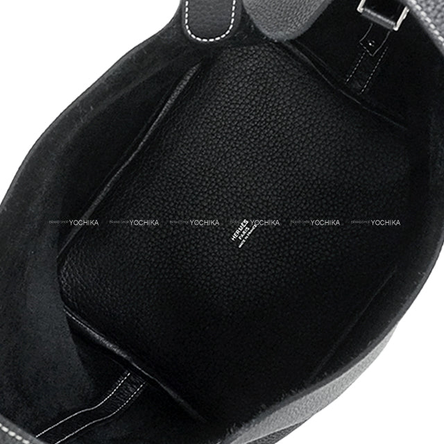 [Pre-loved] HERMES Handbag Picotin Lock 22 MM White Stitch Noir (Black) Taurillon Clemence Silver HW Stamp U[LIKE NEW][Authentic]