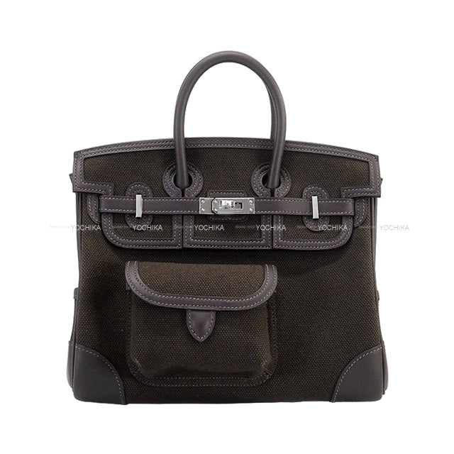 HERMES Handbag Birkin25 Cargo Pockets Ebene/Dark Bronze Toile Goeland/Veau Swift Silver HW Stamp W[BRAND NEW][Authentic]