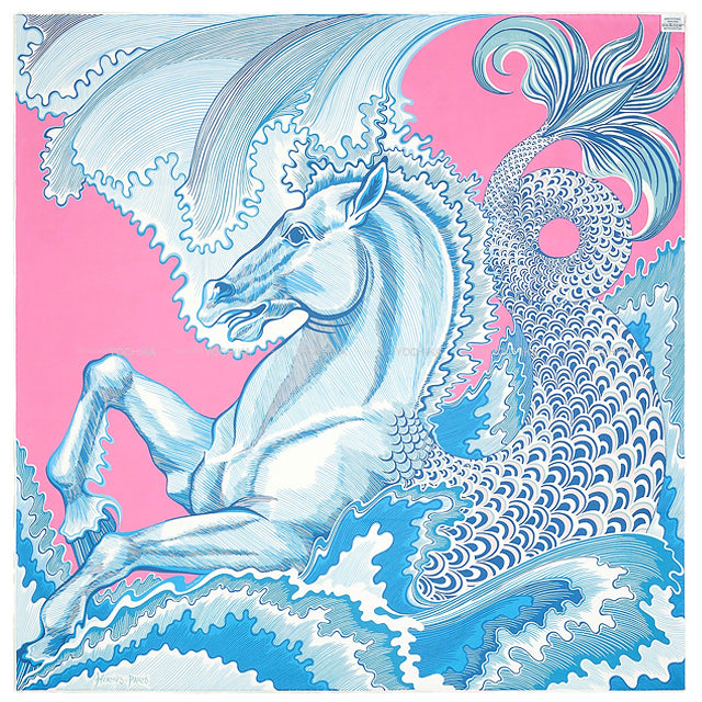 HERMES scarf Carre 90 Double Face Cheval Sirene Jaune d Or/Gris/Rose Silk100%[EXCELLENT][Authentic]