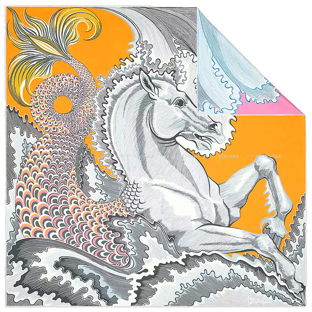 HERMES scarf Carre 90 Double Face Cheval Sirene Jaune d Or/Gris/Rose Silk100%[EXCELLENT][Authentic]