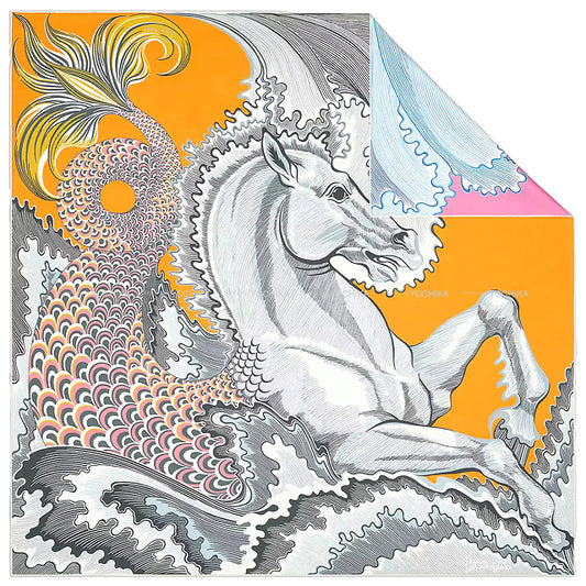 HERMES scarf Carre 90 Double Face Cheval Sirene Jaune d Or/Gris/Rose Silk100%[EXCELLENT][Authentic]