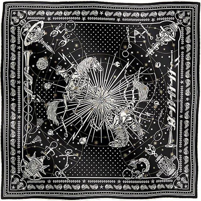 HERMES scarf Bandana Carre 55 Chorus Stellarum Noir (Black)/Blanc (White) Silk100%[EXCELLENT][Authentic]