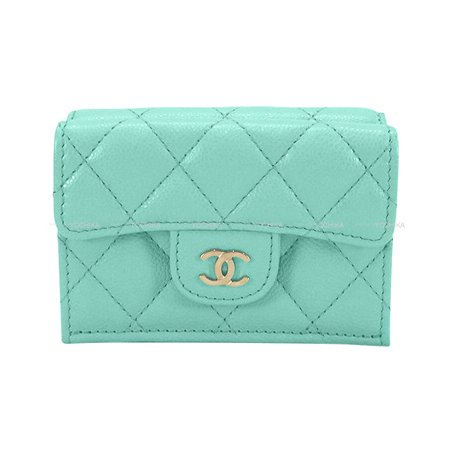 CHANEL Tri-fold wallet Matrasse COCO mark compact Turquoise Graind Calf(Caviarskin) Champagne Gold HW AP0230[EXCELLENT][Authentic]