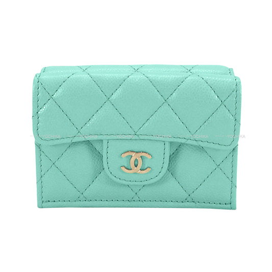 CHANEL Tri-fold wallet Matrasse COCO mark compact Turquoise Graind Calf(Caviarskin) Champagne Gold HW AP0230[EXCELLENT][Authentic]