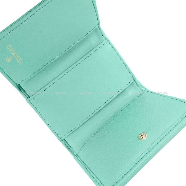 CHANEL Tri-fold wallet Matrasse COCO mark compact Turquoise Graind Calf(Caviarskin) Champagne Gold HW AP0230[EXCELLENT][Authentic]