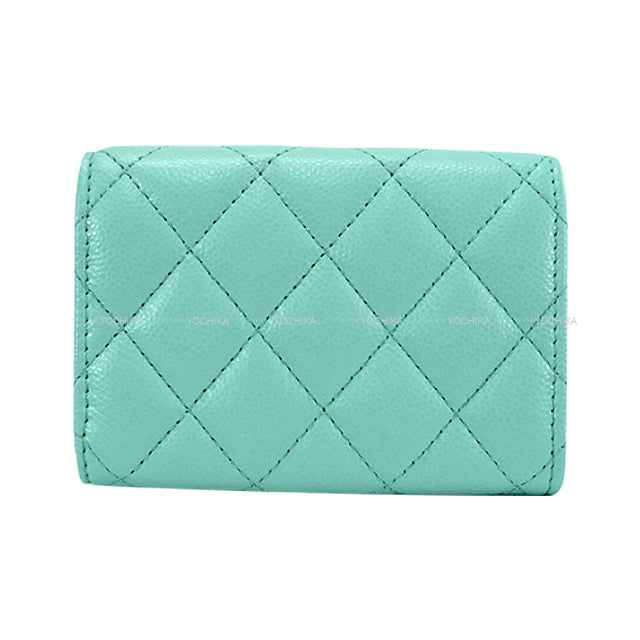 CHANEL Tri-fold wallet Matrasse COCO mark compact Turquoise Graind Calf(Caviarskin) Champagne Gold HW AP0230[EXCELLENT][Authentic]