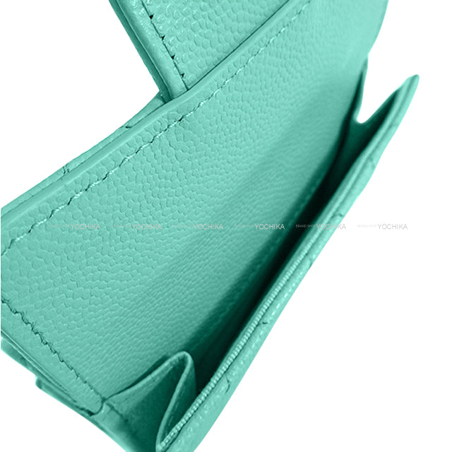 CHANEL Tri-fold wallet Matrasse COCO mark compact Turquoise Graind Calf(Caviarskin) Champagne Gold HW AP0230[EXCELLENT][Authentic]