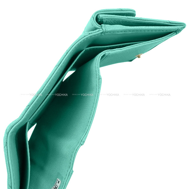 CHANEL Tri-fold wallet Matrasse COCO mark compact Turquoise Graind Calf(Caviarskin) Champagne Gold HW AP0230[EXCELLENT][Authentic]