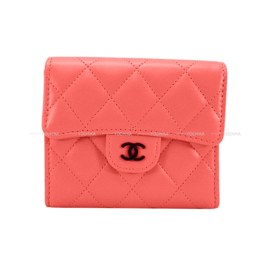 CHANEL Tri-fold wallet Classic Matelasse COCO mark with Coin Case Small Flap Pink Lambskin Black HW AP0231[ALMOST NEW][Authentic]