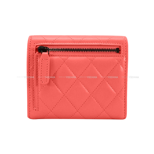 CHANEL Tri-fold wallet Classic Matelasse COCO mark with Coin Case Small Flap Pink Lambskin Black HW AP0231[ALMOST NEW][Authentic]