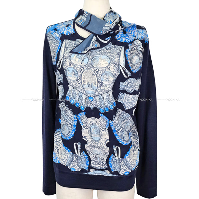 [Pre-loved] HERMES Knit Twillaine with scarf Sousl'Egide Marine cotton/silk #38[LIKE NEW][Authentic]