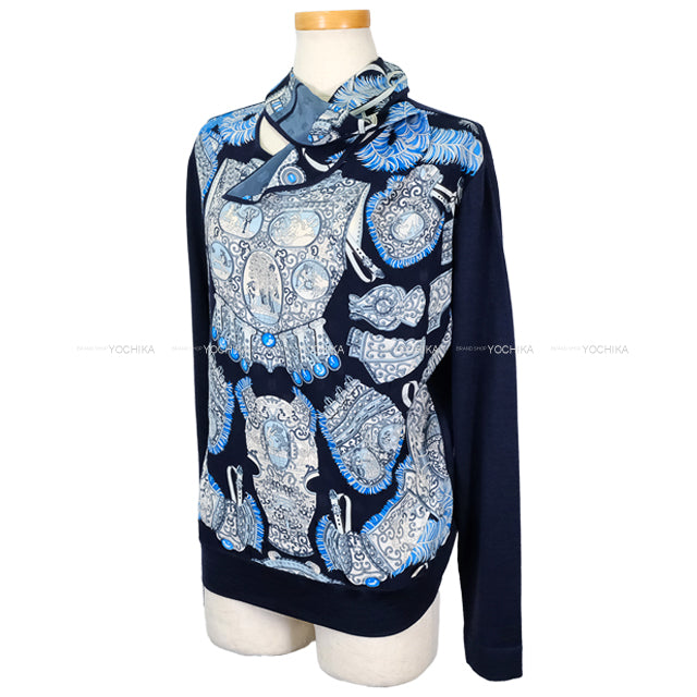[Pre-loved] HERMES Knit Twillaine with scarf Sousl'Egide Marine cotton/silk #38[LIKE NEW][Authentic]