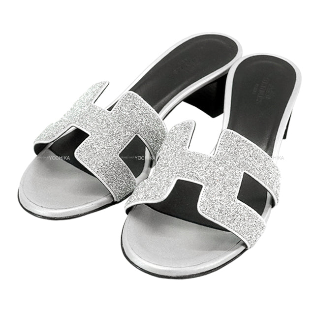HERMES sandals H-motif Heel OASIS glitter Silver/Black Calfskin #35.5[ALMOST NEW][Authentic]