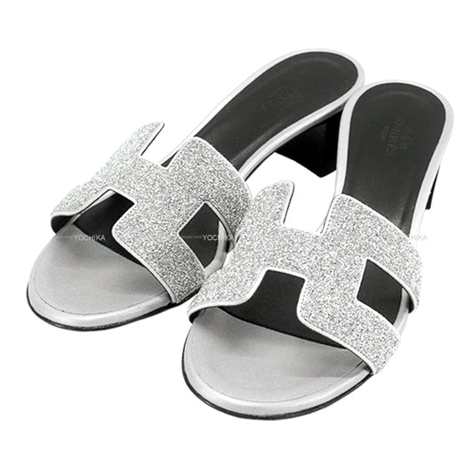 HERMES sandals H-motif Heel OASIS glitter Silver/Black Calfskin #35.5[ALMOST NEW][Authentic]
