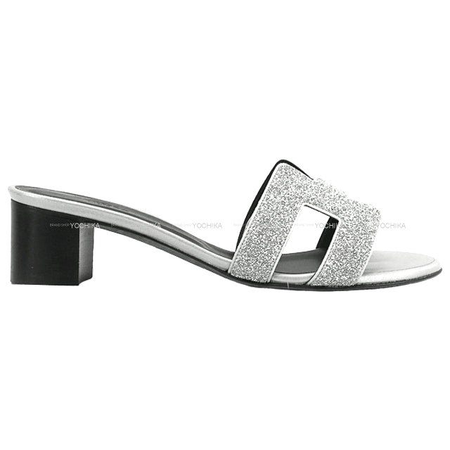 HERMES sandals H-motif Heel OASIS glitter Silver/Black Calfskin #35.5[ALMOST NEW][Authentic]