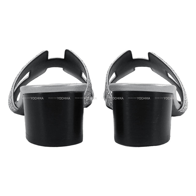 HERMES sandals H-motif Heel OASIS glitter Silver/Black Calfskin #35.5[ALMOST NEW][Authentic]