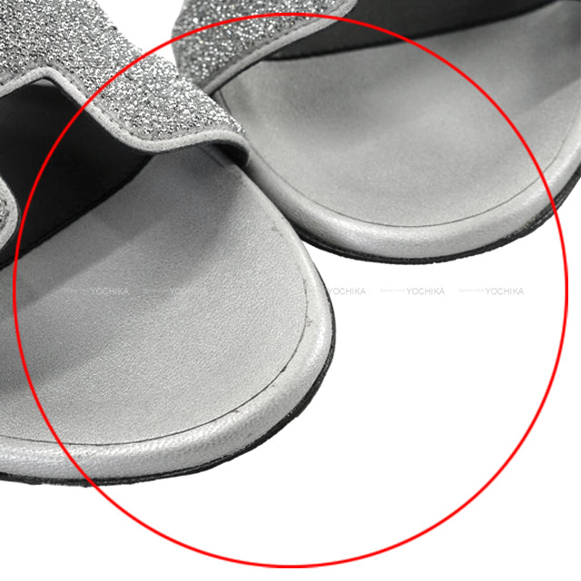 HERMES sandals H-motif Heel OASIS glitter Silver/Black Calfskin #35.5[ALMOST NEW][Authentic]
