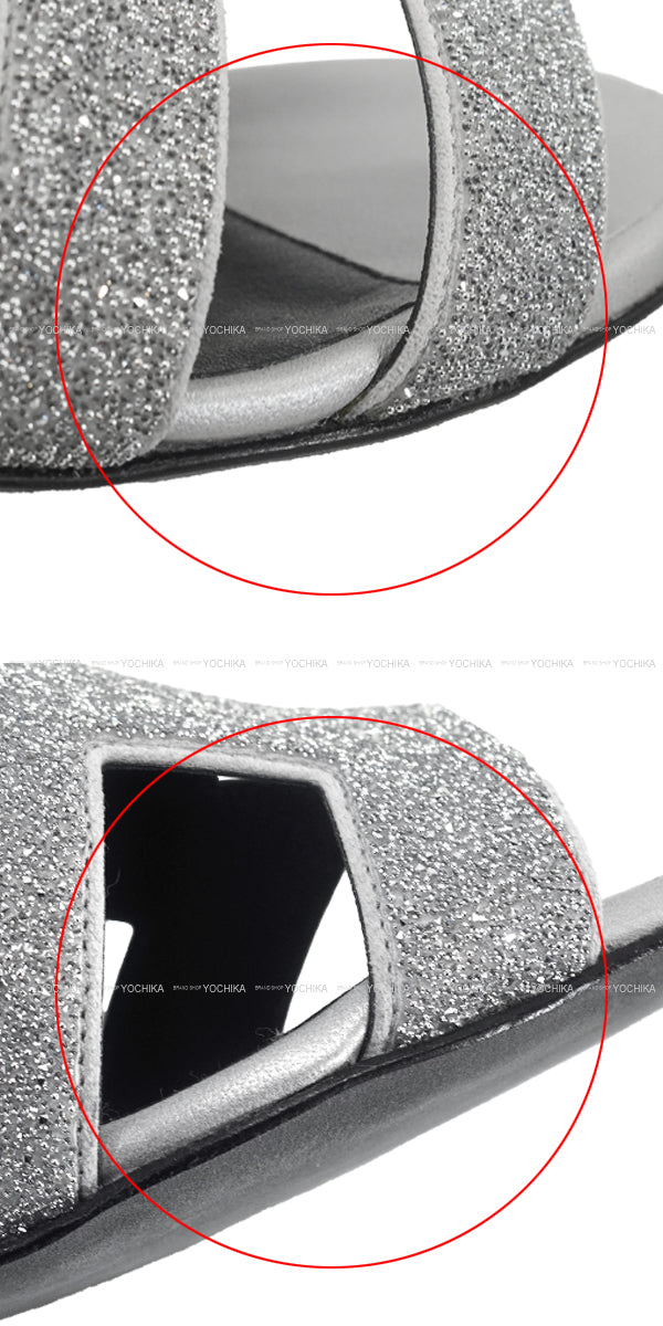 HERMES sandals H-motif Heel OASIS glitter Silver/Black Calfskin #35.5[ALMOST NEW][Authentic]