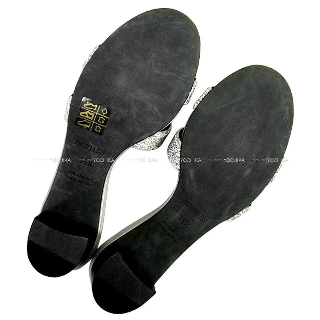 HERMES sandals H-motif Heel OASIS glitter Silver/Black Calfskin #35.5[ALMOST NEW][Authentic]