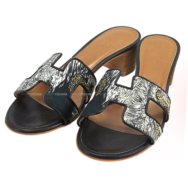 HERMES sandals OASIS Leopar Noir (Black) Toile/Calf #36[EXCELLENT][Authentic]