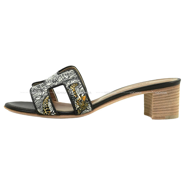 HERMES sandals OASIS Leopar Noir (Black) Toile/Calf #36[EXCELLENT][Authentic]