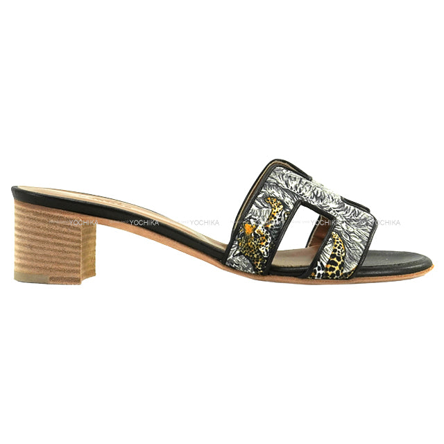 HERMES sandals OASIS Leopar Noir (Black) Toile/Calf #36[EXCELLENT][Authentic]