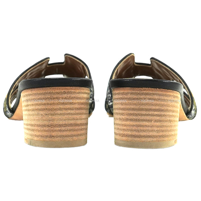 HERMES sandals OASIS Leopar Noir (Black) Toile/Calf #36[EXCELLENT][Authentic]