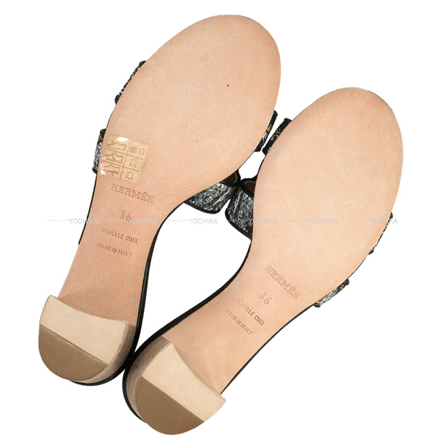 HERMES sandals OASIS Leopar Noir (Black) Toile/Calf #36[EXCELLENT][Authentic]