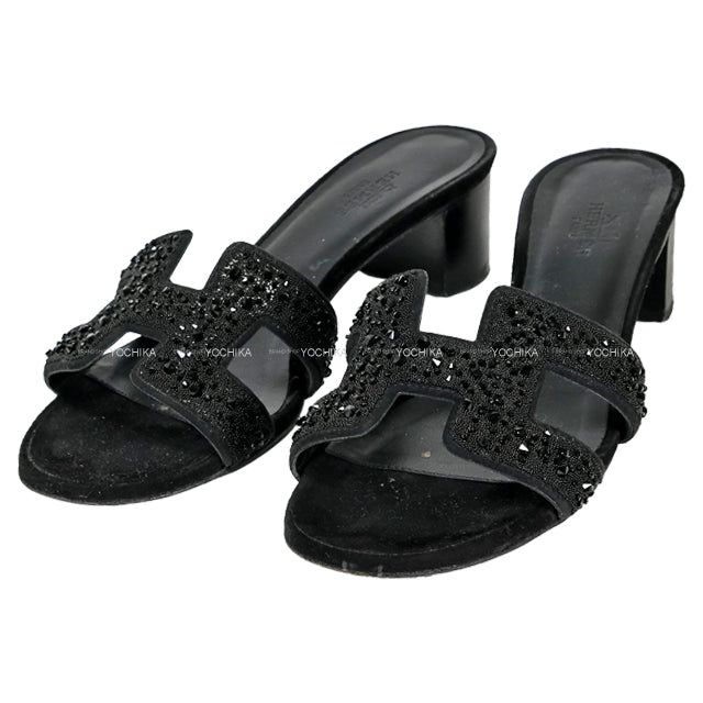 [Pre-loved] HERMES sandals Sandals OASIS Crystal Bijou #35.5 Noir (Black) Goat skin/Strass 35.5[USED A][Authentic]