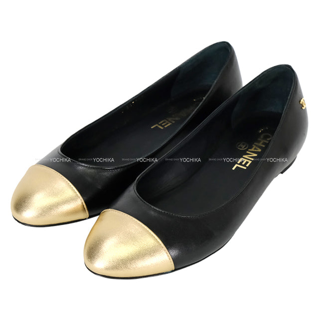 [Pre-loved] CHANEL Flat Shoes Ballerina COCO Mark bicolor #36.5C Black/Gold Lambskin #36.5 G27022[USED SA][Authentic]