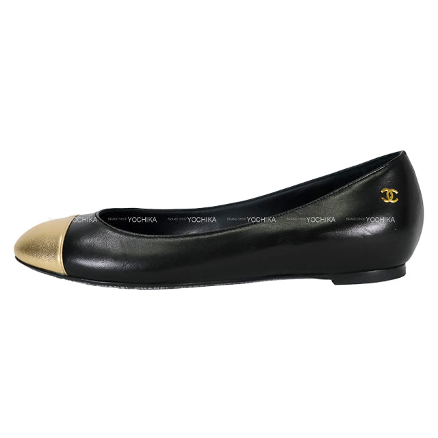 [Pre-loved] CHANEL Flat Shoes Ballerina COCO Mark bicolor #36.5C Black/Gold Lambskin #36.5 G27022[USED SA][Authentic]