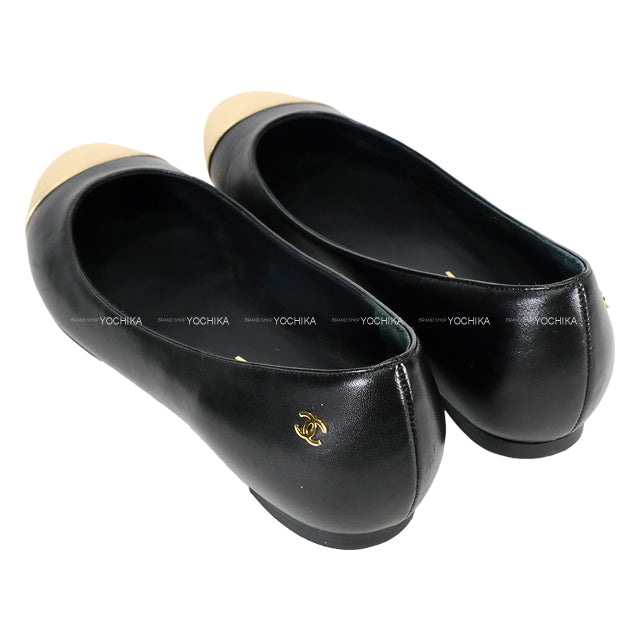 [Pre-loved] CHANEL Flat Shoes Ballerina COCO Mark bicolor #36.5C Black/Gold Lambskin #36.5 G27022[USED SA][Authentic]
