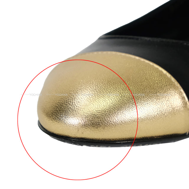[Pre-loved] CHANEL Flat Shoes Ballerina COCO Mark bicolor #36.5C Black/Gold Lambskin #36.5 G27022[USED SA][Authentic]