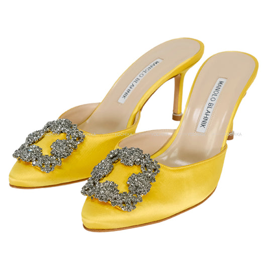 MANOLO BLAHNIK sandals HANGISI Jewel Buckle Heeled Mules Yellow Satin/Jeweled #36.5[EXCELLENT][Authentic]