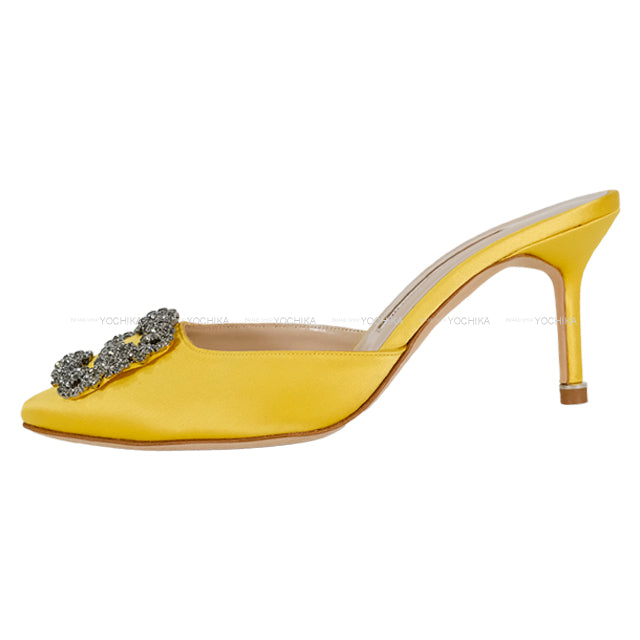 MANOLO BLAHNIK sandals HANGISI Jewel Buckle Heeled Mules Yellow Satin/Jeweled #36.5[EXCELLENT][Authentic]