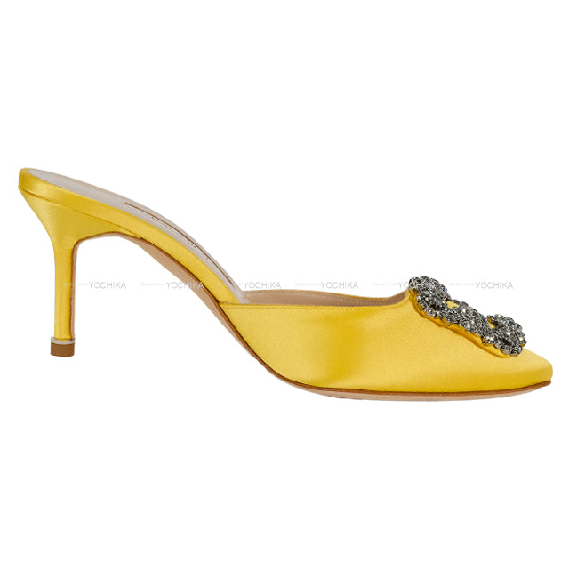 MANOLO BLAHNIK sandals HANGISI Jewel Buckle Heeled Mules Yellow Satin/Jeweled #36.5[EXCELLENT][Authentic]