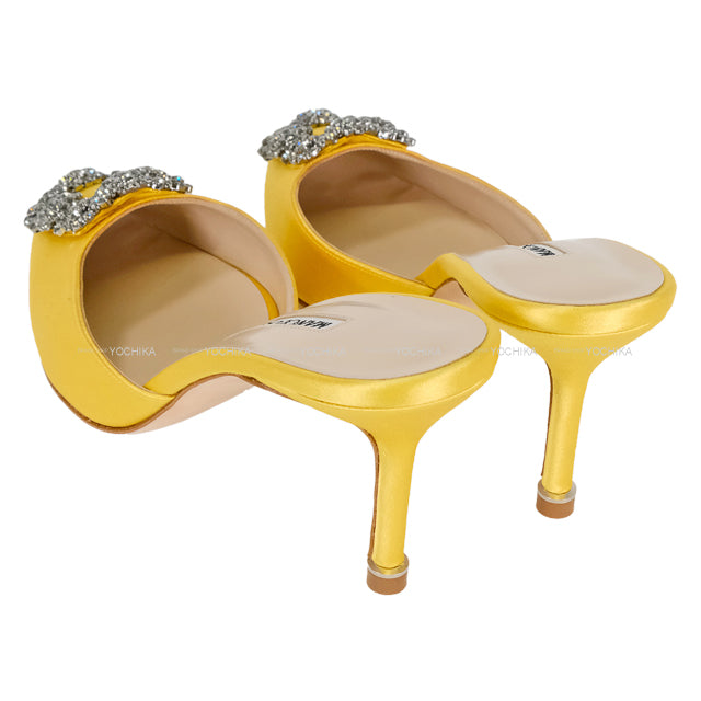 MANOLO BLAHNIK sandals HANGISI Jewel Buckle Heeled Mules Yellow Satin/Jeweled #36.5[EXCELLENT][Authentic]