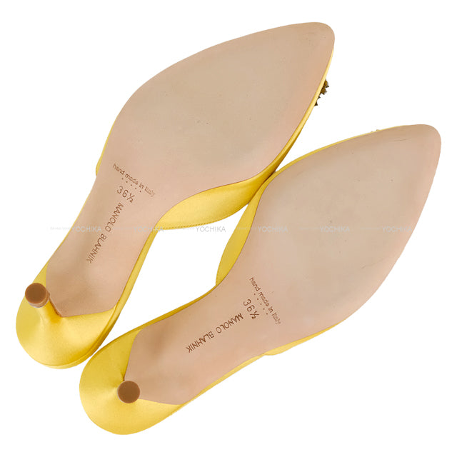 MANOLO BLAHNIK sandals HANGISI Jewel Buckle Heeled Mules Yellow Satin/Jeweled #36.5[EXCELLENT][Authentic]