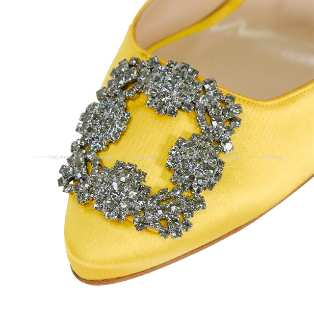 MANOLO BLAHNIK sandals HANGISI Jewel Buckle Heeled Mules Yellow Satin/Jeweled #36.5[EXCELLENT][Authentic]