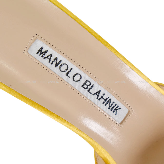 MANOLO BLAHNIK sandals HANGISI Jewel Buckle Heeled Mules Yellow Satin/Jeweled #36.5[EXCELLENT][Authentic]