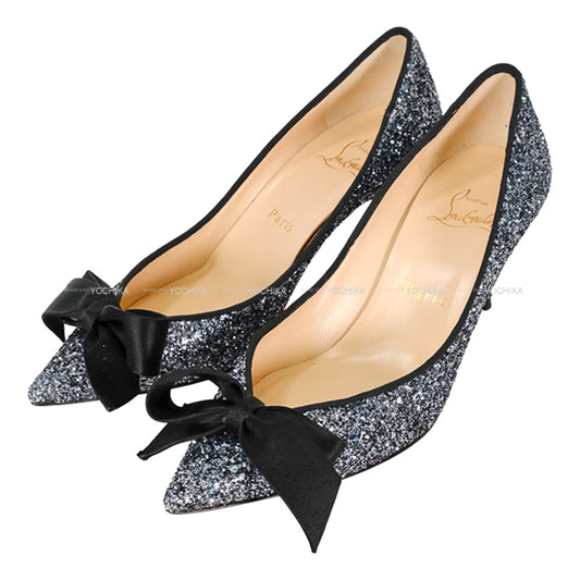 Christian Louboutin pumps Glitter Ribbon Heels Black/Blue Silver Glitter #36.5[EXCELLENT][Authentic]
