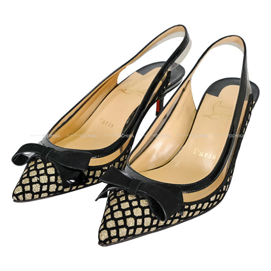 Christian Louboutin pumps Clear Ribbon Heels Noir (Black)/Gold Patent Leather #36.5[EXCELLENT][Authentic]