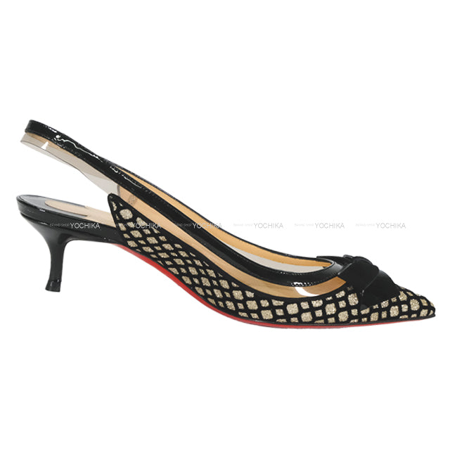Christian Louboutin pumps Clear Ribbon Heels Noir (Black)/Gold Patent Leather #36.5[EXCELLENT][Authentic]