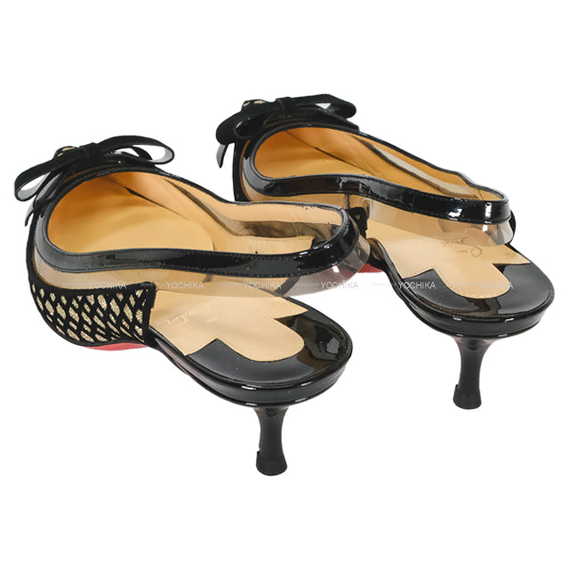 Christian Louboutin pumps Clear Ribbon Heels Noir (Black)/Gold Patent Leather #36.5[EXCELLENT][Authentic]
