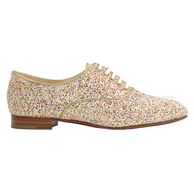 Christian Louboutin dress shoes FRED FLAT GLITTER FIESTA Lace-up Multicolor/Gold #37 1140031[EXCELLENT][Authentic]
