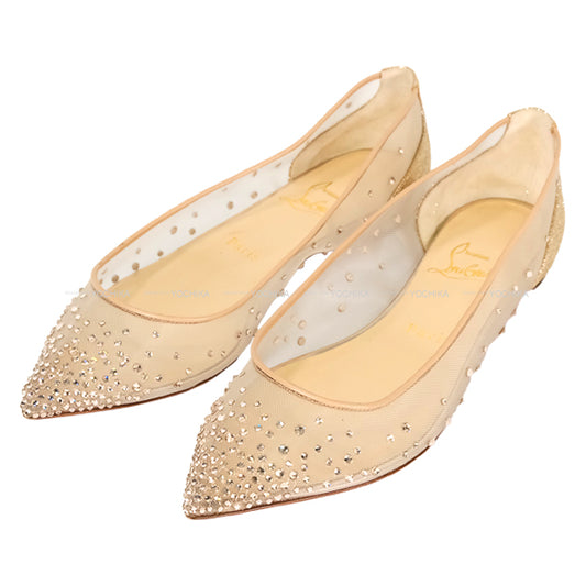 [Pre-loved] Christian Louboutin Follies Strass Ballerina Flat shoes Heart Beige mesh #36.5[USED A][Authentic]