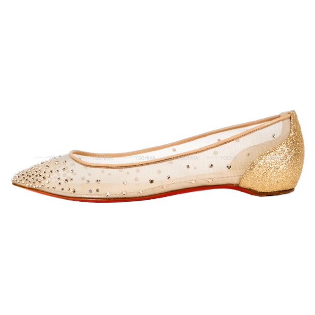 [Pre-loved] Christian Louboutin Follies Strass Ballerina Flat shoes Heart Beige mesh #36.5[USED A][Authentic]