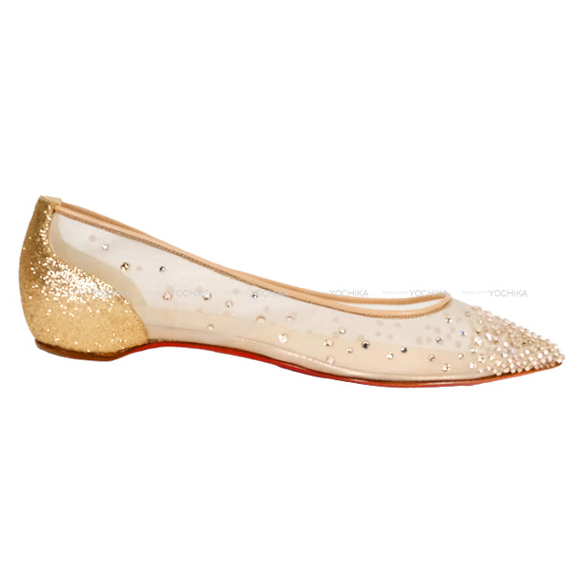 [Pre-loved] Christian Louboutin Follies Strass Ballerina Flat shoes Heart Beige mesh #36.5[USED A][Authentic]