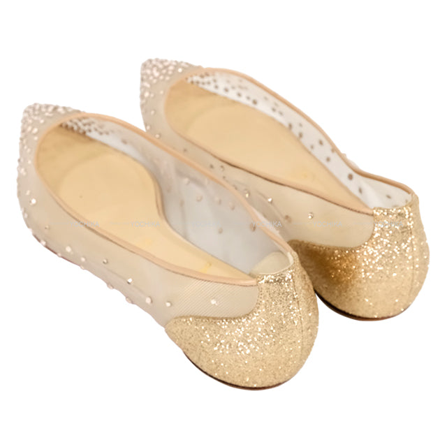 [Pre-loved] Christian Louboutin Follies Strass Ballerina Flat shoes Heart Beige mesh #36.5[USED A][Authentic]