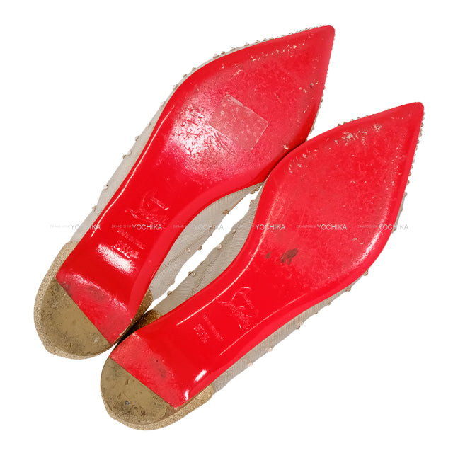 [Pre-loved] Christian Louboutin Follies Strass Ballerina Flat shoes Heart Beige mesh #36.5[USED A][Authentic]